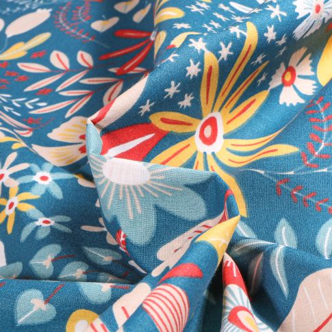 Tissu Coton imprimé Grande largeur Arty Saffy sur fond Bleu pétrole