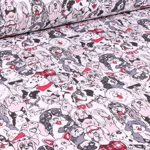 Tissu Coton imprimé Arty Doggy rouge sur fond Blanc