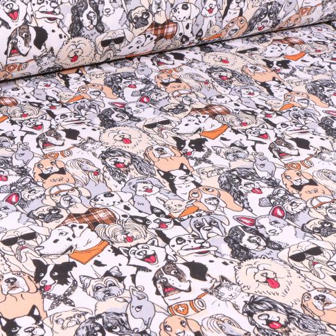 Tissu Coton imprimé Arty Doggy jaune sur fond Blanc
