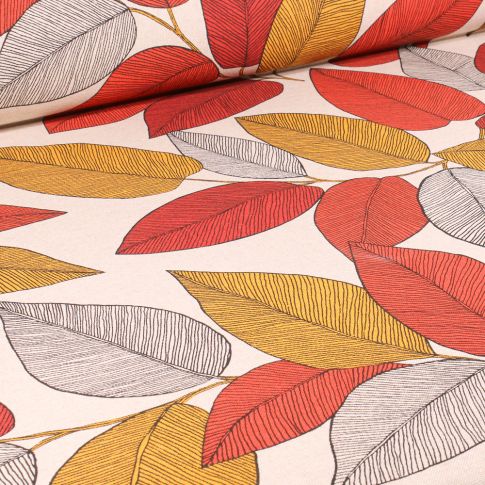 Tissu Toile de Coton Camilia rouge sur fond Ecru