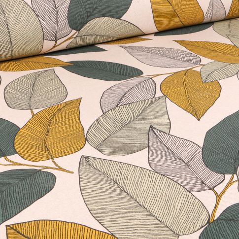 Tissu Toile de Coton Camilia vert sur fond Ecru