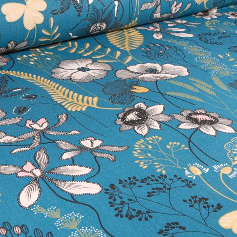 Tissu Toile de Coton Marciella sur fond Bleu pétrole