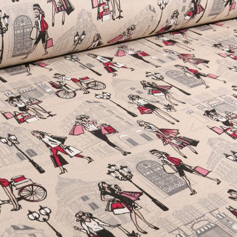 Tissu Toile de Coton Shopping day sur fond Naturel