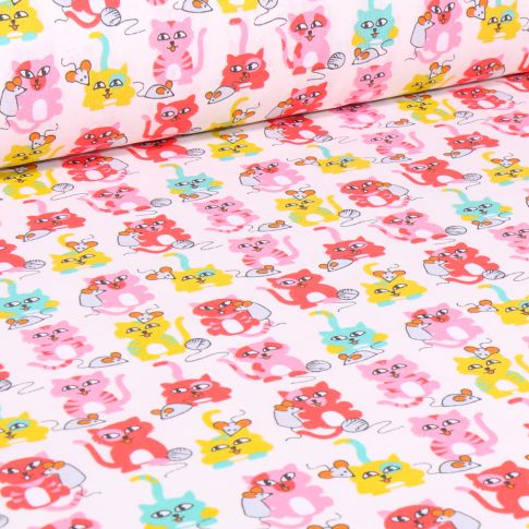 Tissu Coton imprimé Arty Kitty multicolore sur fond Blanc