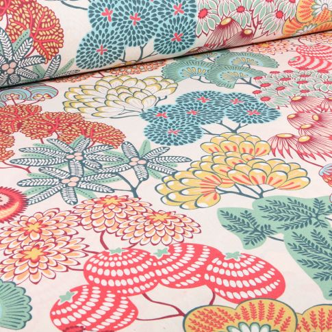 Tissu Coton imprimé Grande largeur Fusain Flower sur fond Blanc cassé