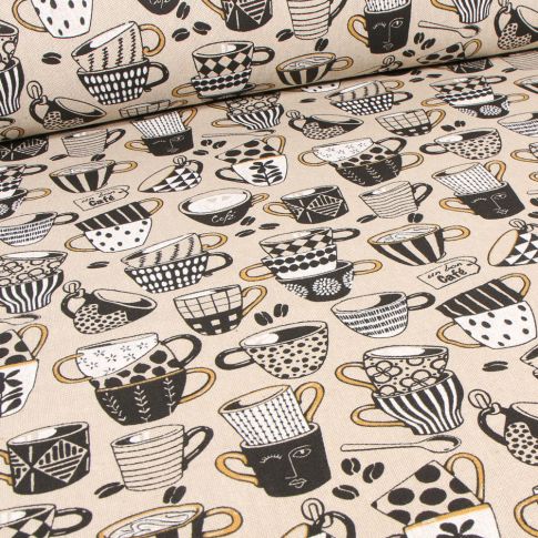Tissu Toile de Coton Café time sur fond Naturel