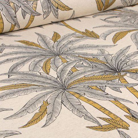 Tissu Toile Coton Lin Golden palm sur fond Ecru