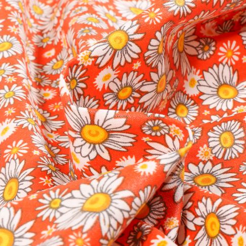 Tissu Coton imprimé Arty Pâquerettes ensoleillées sur fond Rouge tomette