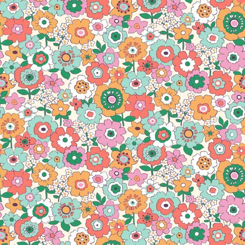 Tissu Coton enduit fleurs seventies sur fond Blanc