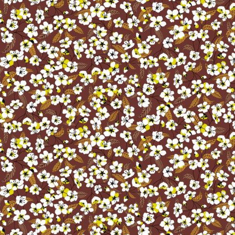 Tissu Coton imprimé Miyu sur fond Lie de vin