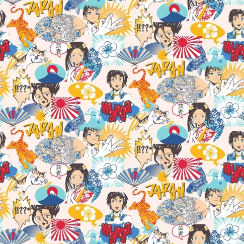 Tissu Coton imprimé Kyoko sur fond Blanc
