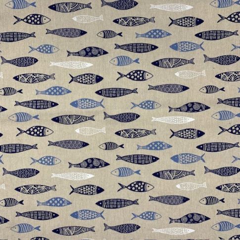 Tissu Toile de Coton Sardines Bleues sur fond Naturel