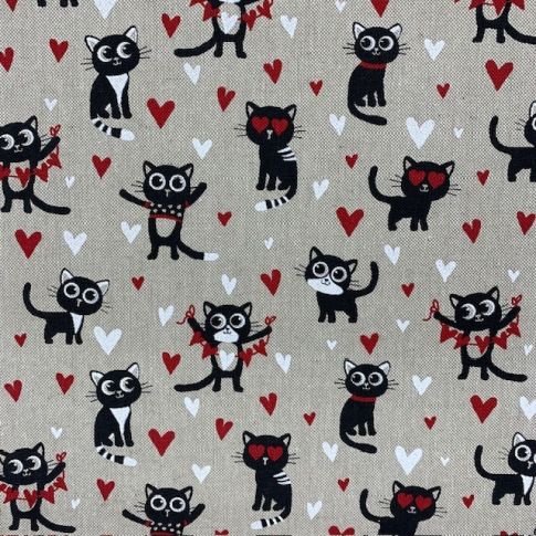 Tissu Toile de Coton Chat Love sur fond Naturel