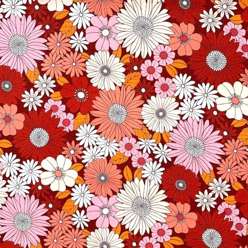 Tissu Coton imprimé Arty Ibiza rose sur fond Bordeaux