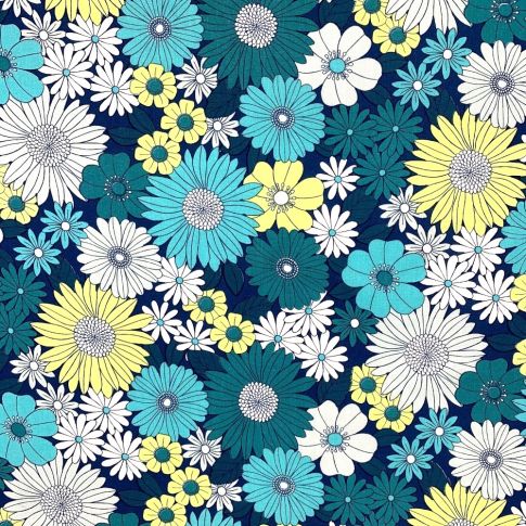 Tissu Coton imprimé Arty Ibiza bleu pétrole sur fond Bleu marine