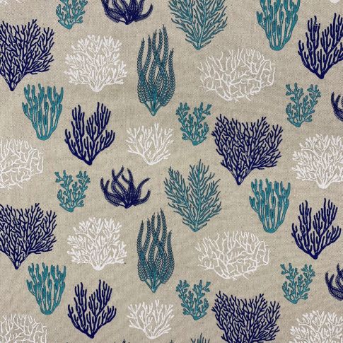Tissu Toile de Coton Coraux bleus sur fond Naturel