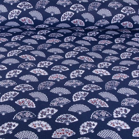 Tissu Coton imprimé Eventails Pekin sur fond Bleu marine