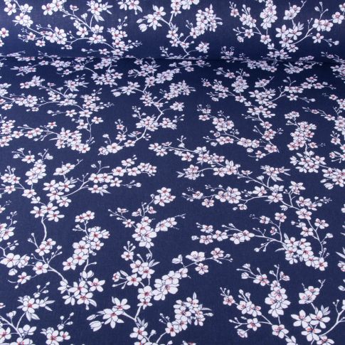 Tissu Coton imprimé Fleur d'amandier sur fond Bleu marine