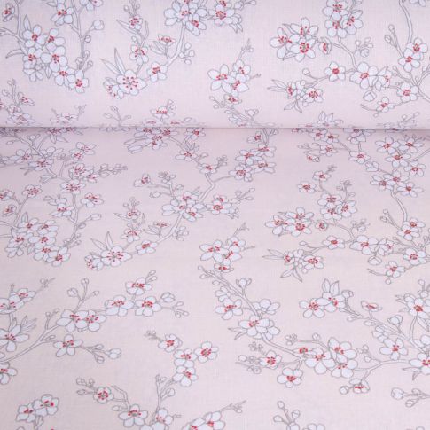Tissu Coton imprimé Fleur d'amandier sur fond Ecru