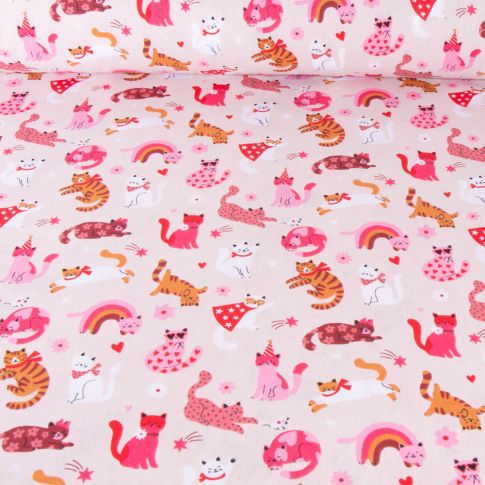 Tissu Coton imprimé chatons roses sur fond Rose clair