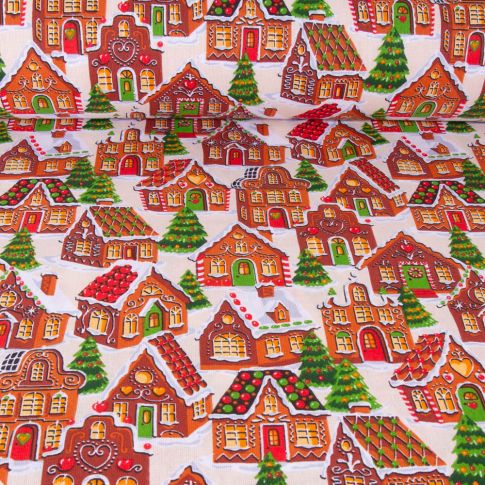 Tissu Coton imprimé Maison de Noël sur fond Ecru
