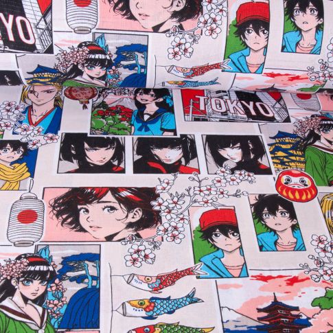 Tissu Coton imprimé Sasuke multico sur fond Ecru