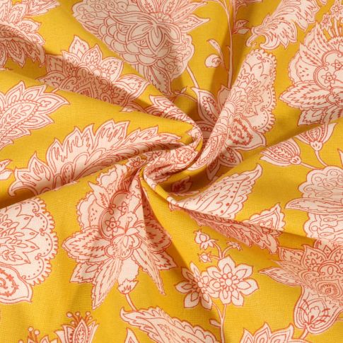 Tissu Coton imprimé Arty Sharma fleuris sur fond Jaune curry