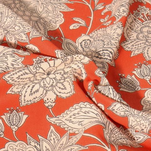 Tissu Coton imprimé Fleuris  Shanna sur fond Terre de Sienne