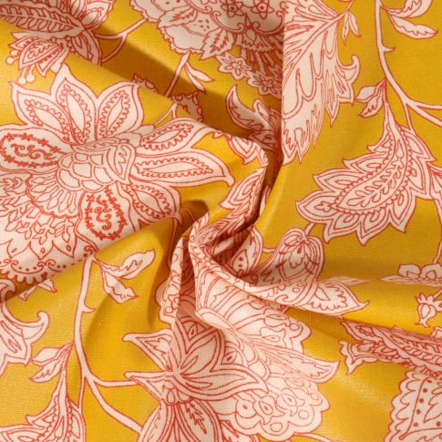 Tissu Coton enduit Sharma fleuris sur fond Jaune curry