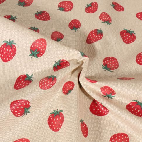 Tissu Toile de Coton enduit Fraises rouges sur fond Beige