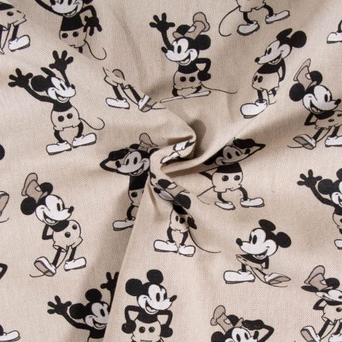 Tissu Toile de Coton aspect lin Mickey sur fond Beige