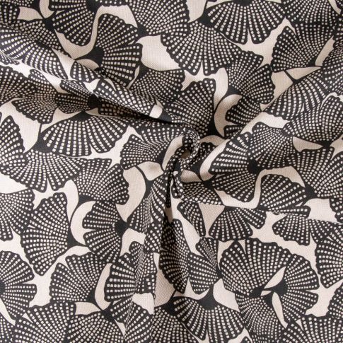 Tissu Toile de Coton aspect lin Feuilles de Ginkgo sur fond Beige