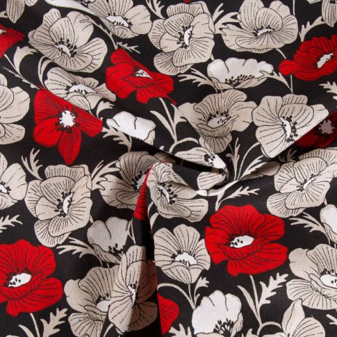 Tissu Toile de Coton aspect lin Fleurs pavot sur fond Noir