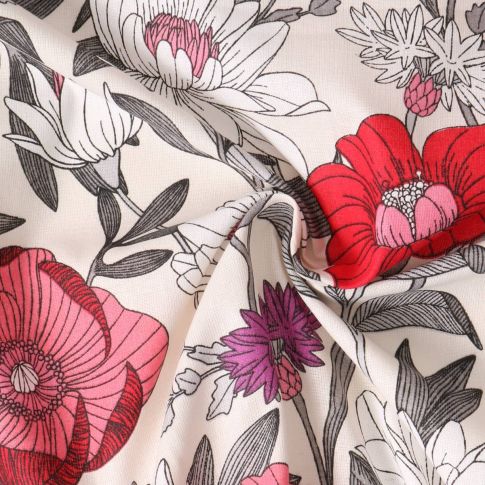 Tissu Coton  Cretonne Ysoline fleurs Rouges sur fond Ivoire