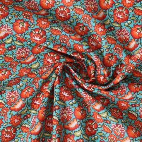 Coupon Tissu Coton imprimé Arty Mirelda fleurs vintage Oranges sur fond Bleu turquoise