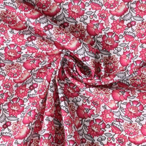Tissu Coton Cretonne Mirelda fleurs vintage Roses sur fond Blanc