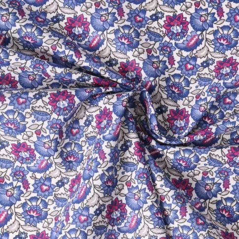 Coupon Tissu Coton imprimé Arty Mirelda fleurs vintage Bleu lavande sur fond Blanc