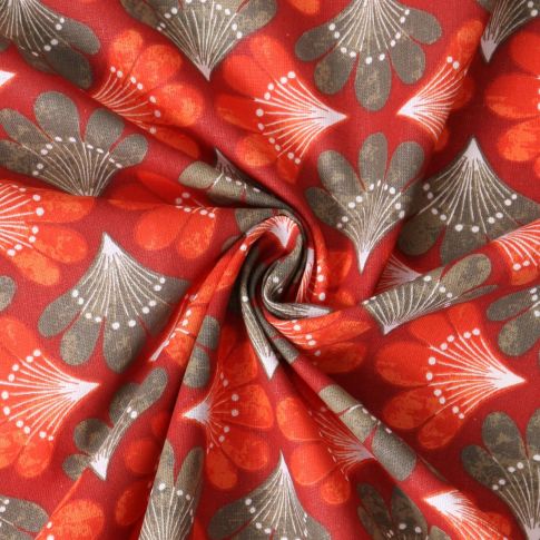 Tissu Coton Cretonne Amanda éventails Bronze et Rouges sur fond Rouge