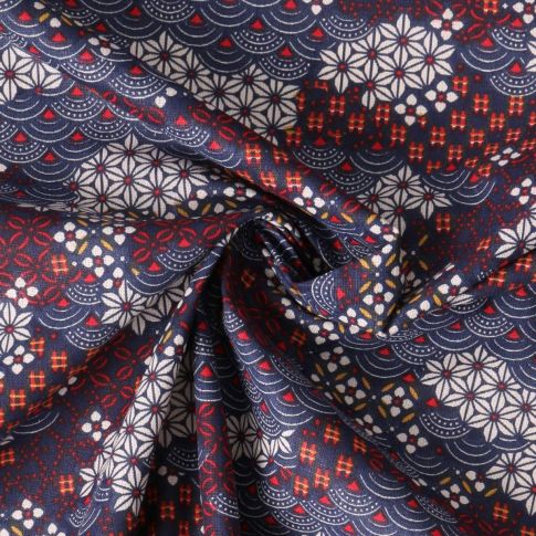 Tissu Coton Cretonne Shogun motifs traditionnels japonais sur fond Bleu