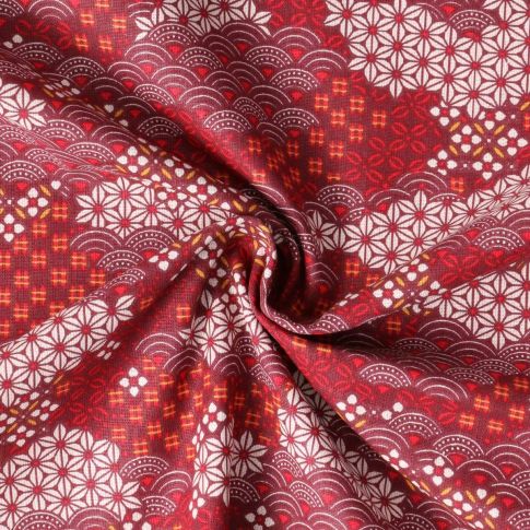 Tissu Coton Cretonne Shogun motifs traditionnels japonais sur fond Rouge