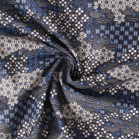 Tissu Coton Cretonne Shogun motifs traditionnels japonais sur fond Noir