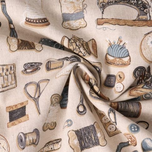 Tissu Toile de Coton  Atelier Couture Gris sur fond Beige