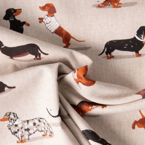 Tissu Toile de Coton Teckels sur fond Naturel