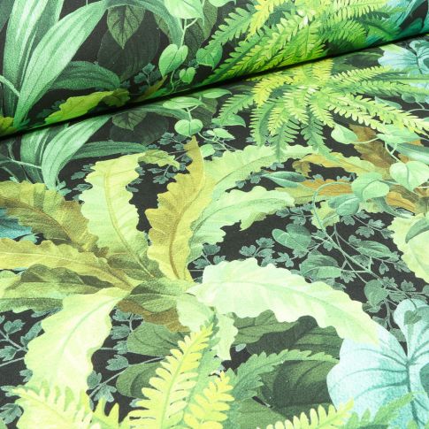 Tissu Toile de Coton Bachette Fougère sur fond Noir
