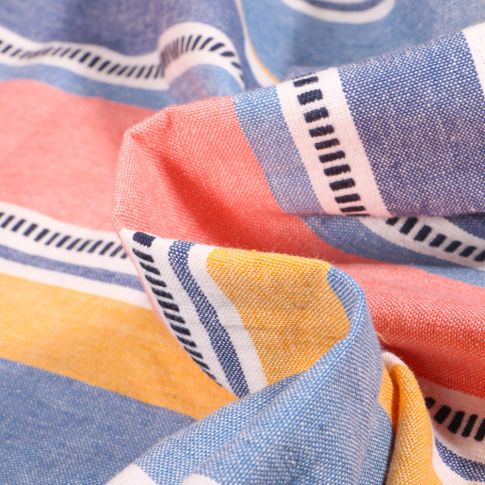 Tissu Toile Coton aspect lin Rayures sur fond Bleu denim
