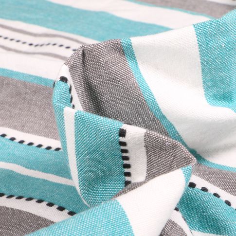 Tissu Toile Coton aspect lin  Rayures sur fond Bleu turquoise
