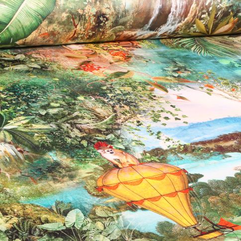 Tissu Velours d'ameublement épais tout doux Jungle trip sur fond Vert