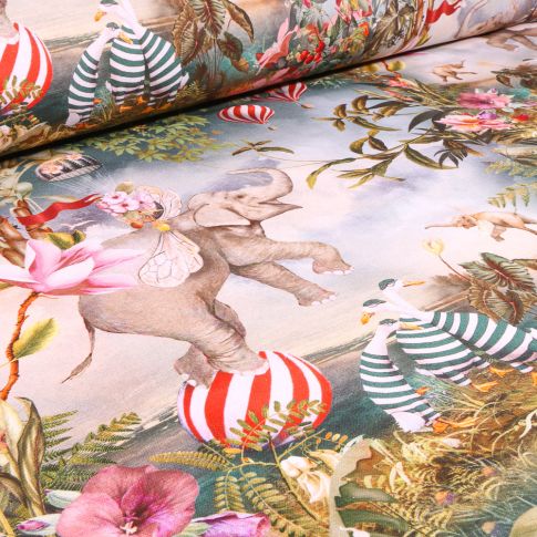 Tissu Coton imprimé Arty Cirque et végétations sur fond Beige