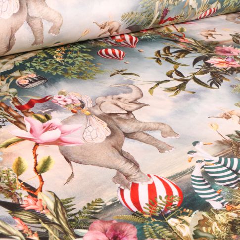 Tissu Velours d'ameublement épais tout doux Cirque et végétations sur fond Beige
