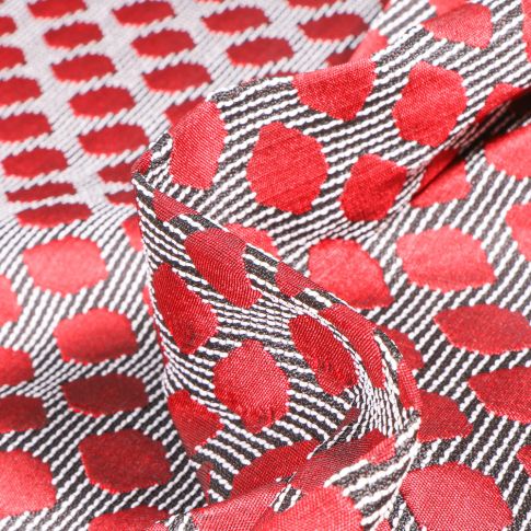 Tissu Jacquard Rayures noires et pois rouges sur fond Blanc